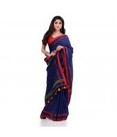 Women`s Traditional Bengali Tant Handloom Cotton Saree Loveria Design With Blouse Piece(Deep Blue)